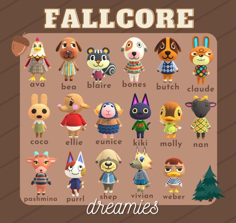 More fall/forestcore villagers 🍄🍂 Animal Crossing Fall Flowers, Mean Animal Crossing Villagers, Fall Island Ideas Animal Crossing, Forest Villagers Acnh, Best Cottagecore Villagers Acnh, Acnh Autumn Town Entrance, Acnh Villager Aesthetic, Fall Villagers Acnh, Acnh Island Layouts Cottagecore