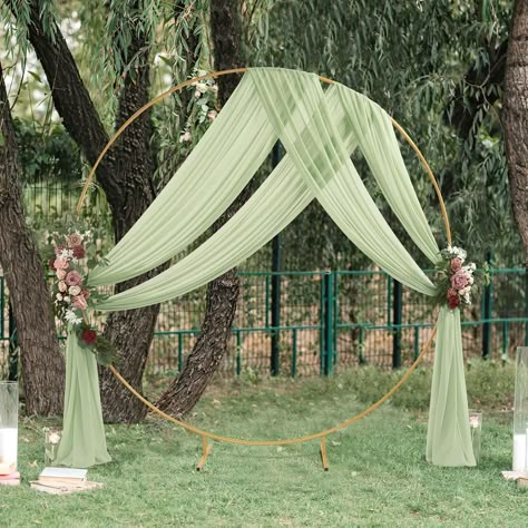 Backdrop Ring Decoration, Wedding Arch Sage Green, Round Arch With Drapes, Round Arch Wedding, Green Wedding Arch, Wedding Draping Backdrop, Ceremony Draping, Sage Green Backdrop, Sheer Backdrop