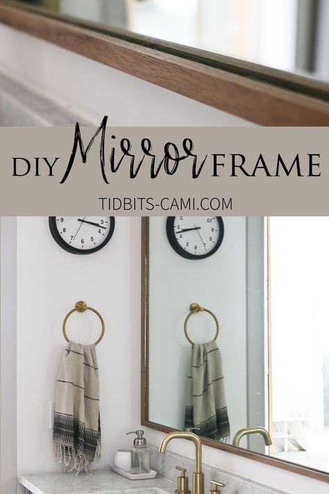 Discover this DIY wood mirror frame that saves you a ton of money and offers a beautiful custom look that just can't be bought in stores. For a relatively quick and easy DIY project, I think it made a huge impact on the design of this shared bathroom room in our pole barn house. Diy Wood Mirror, Diy Wood Mirror Frame, Diy Mirror Frame Bathroom, Wood Mirror Frame, Pole Barn House, Bathroom Mirrors Diy, Mirror Frame Diy, Diy Trim, Bathroom Mirror Frame