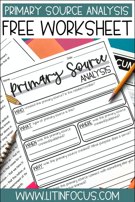 Free printable and digital primary source analysis worksheet! Use this worksheet to guide upper elementary and middle school students through the primary source analysis process. This freebie template can be used with US history and world history primary source lesson plans. You can use the printable PDF or assign the worksheet in your Google classroom. #forteachers #socialstudies #forkids Primary Sources Activities, Upper Elementary Social Studies, Interactive Notebooks Social Studies, 7th Grade Social Studies, World History Classroom, Primary And Secondary Sources, Middle School History, 6th Grade Social Studies, World History Lessons