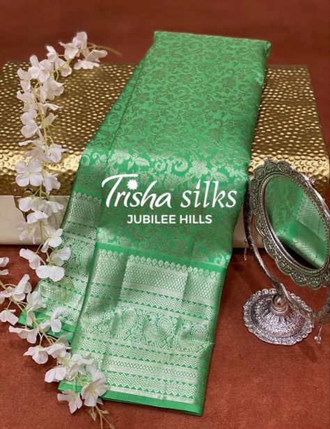 Pista Green Kanchipuram Silk Saree in silver zari jaal all over the body with self combination border intricated peacock motifs weave. Store Address: 36 Jubilee Hills, Beside KIA Motors, Hyderabad - 500033. #silksaree #kanchipuramsaree #indianwedding #traditional #handloomsaree Pista Green Pattu Saree, Green Kanchipuram Silk Saree, Peacock Motifs, Pista Green, Kia Motors, Kanchipuram Silk Saree, Kanchipuram Saree, Handloom Saree, Hyderabad