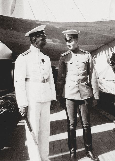 Grand Duke Dmitri Pavlovich of Russia with the commander of the Imperial Yacht Standart, Nikolai Sablin. Dmitri Pavlovich, Romanovs Family, Russian Royalty, Familia Romanov, Nicolas Ii, Royal History, House Of Romanov, Vintage Gentleman, Romanov Dynasty