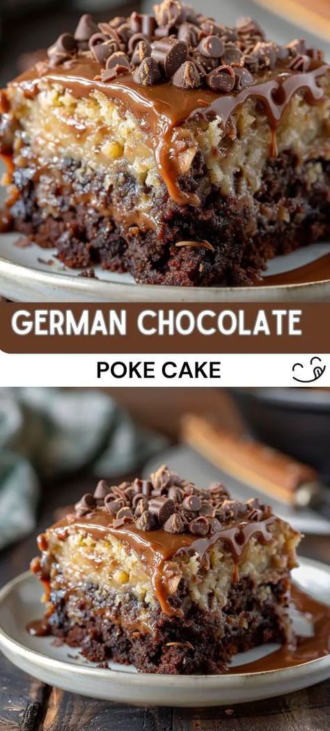 German Chocolate Poke Cake Recipe Cakes Made With Cake Mixes, Chocolate Poke Cake Recipes, Fudge Poke Cake, German Chocolate Fudge, German Chocolate Poke Cake, Coconut Poke Cake, Cuppa Cake, Poke Cake Recipe, Chocolate Poke Cake