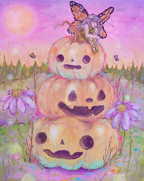 Monarch Fairy, Fairy Prints, Pumpkin Stack, Arte Indie, Carving Pumpkins, Cute Paintings, Pastel Art, Sandbox, Holiday Art