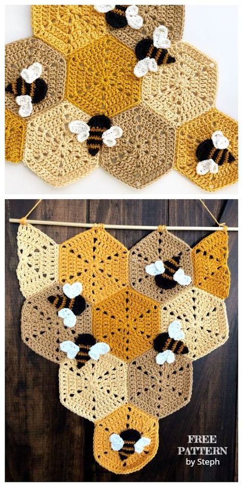 Crochet Honeycomb Banner Free Crochet Pattern #crochetpattern #crochet #pattern #blanket Crochet Hexagon Bee Blanket, Honeycomb Granny Square, Crochet Honeycomb Blanket, Crochet Bee Blanket, Bee Crochet Blanket, Crochet Honeycomb, Baby Blanket Free Crochet Pattern, Honeycomb Blanket, Bee Crochet