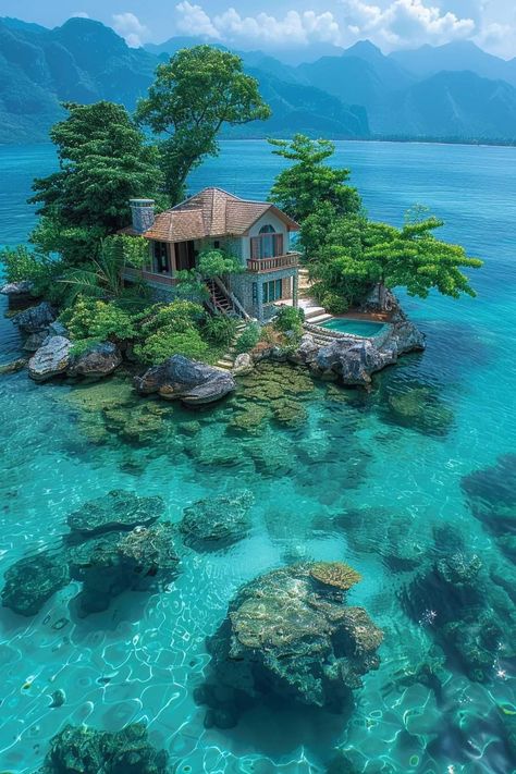 House On Water, Fantasy Beach City, Fantasy Beach House, House Overlooking Ocean, Real Life Fantasy House, Beach House Overlooking The Ocean, Coastal Decorating Living Room, Pretty Landscapes, Sunny Beach