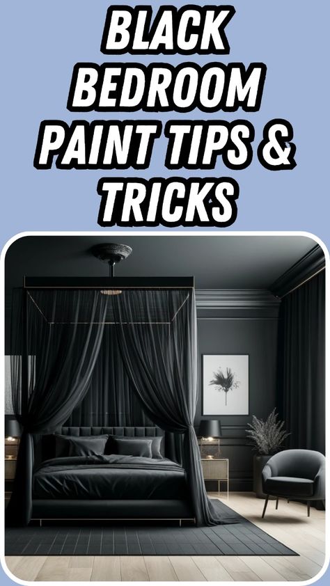 Transform your space with black bedroom paint. Use it to create dramatic walls, accentuate architectural details, or as a backdrop for bold decor elements, adding depth and elegance to your bedroom. Bedroom Paint Ideas With Black Furniture, Black Paint In Bedroom, Black Bedroom Paint Ideas, Black Painted Walls Bedroom, Rooms Painted Black, Black Paint Bedroom, Black Bedroom Paint, Black Painted Bedroom, Black Interior Paint