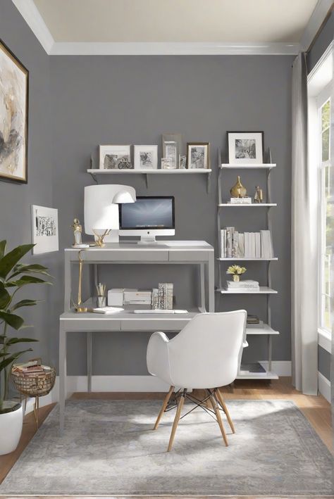 home office color, interior design, home decor, space planning Behr Silver Ash, Grey And White Office, Coventry Gray, Gauntlet Gray, Stonington Gray, Indoor Paint, Silver Ash, Mindful Gray, Office Color