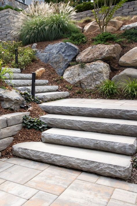 Sloped Backyard Landscaping, Landscape Stairs, Landscape Steps, Walkway Landscaping, Sloped Backyard, Stone Steps, Hardscape Design, Garden Stairs, Outdoor Steps