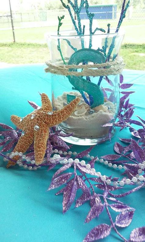 Seaside centerpieces at a mermaid birthday party! See more party planning ideas at http://CatchMyParty.com! Mermaid Birthday Party Ideas, Ariel Birthday Party, Sea Party Ideas, Ariel Birthday, Sea Baby Shower, Mermaid Theme Party, Sea Birthday Party, Mermaid Baby Showers, Mermaid Parties