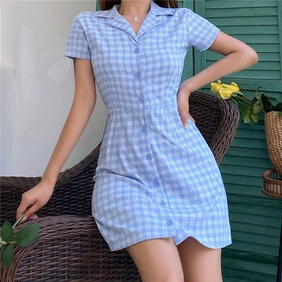 Lapel Dress, Light Blue Plaid, Fe Clothing, Retro Girl, Sweet Clothes, Retro Beauty, Aesthetic Dress, Vestidos Vintage, Ulzzang Fashion