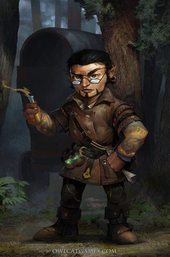 Pathfinder Kingmaker Party Members / Characters - TV Tropes Gnome Alchemist, Dnd Gnome, Gnome Dnd, Gnome Wizard, Light Armor, Pathfinder Character, Forest Light, Woods Forest, Desert Mountains