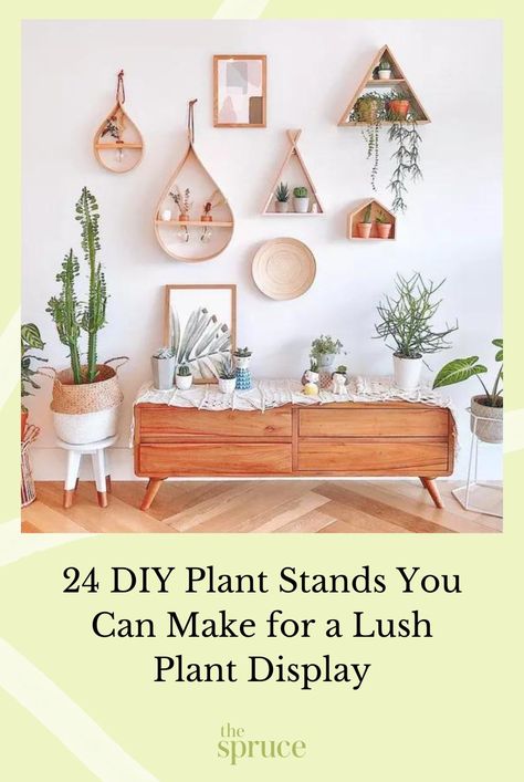 Browse these creative DIY plant stand ideas and create a beautiful and functional indoor or outdoor plant display in your own space. #gardeningadvice #houseplanthacks #howtogrow #indoorflowers #diyplantdisplay #plantparenttips #thespruce Inside Plant Stands Diy, How To Display Plants Indoors, Plant Set Up Indoor, Diy Plant Stand Indoor, Boho Sunroom Ideas, Boho Sunroom, Diy Plant Stands, Plant Stand Ideas, Easy Houseplants