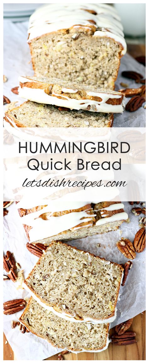 Hummingbird Quick Bread: The traditional hummingbird cake takes on a new form in this moist, delicious sweet bread loaded with coconut, pineapple and bananas. A cream cheese glaze finishes it all off in style. #bread #recipes #bananabread Traditional Hummingbird, Honey Oat Bread, Hummingbird Cake Recipes, Hummingbird Food, Banana Treats, Hummingbird Cake, Cream Cheese Glaze, Cloud Bread, Bread Snacks