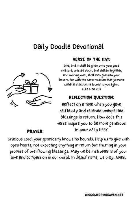 Daily Doodle Devotional - Luke 6:38 - Read - Reflect - Pray Daily Bible Devotions, Luke 6 38, Devotions For Kids, Scripture Journal, Daily Doodle, Luke 6, Luke 1, Reflection Questions, Bible Motivation