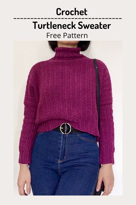 Easy Crochet Turtleneck Sweater. Free pattern and video tutorial. #freecrochetpattern #crochetsweater #crochetpulloverpattern #crochetsweatertutorial Crochet Turtleneck Free Pattern, Double Knit Crochet Patterns Free, Turtle Neck Crochet Pattern, Crochet Turtleneck Pattern, Turtleneck Crochet Pattern Free, Simple Crochet Sweater Pattern, Quick Crochet Sweater Pattern Free, How To Crochet Turtleneck, Crochet Turtleneck Sweater Pattern Free