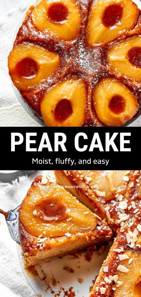 This pear cake features a light and moist cake under a layer of sweet caramelized pears. Simple ingredients and ready in minutes! Pear Walnut Upside Down Cake, Pears Cake Recipes, Pear Sauce Cake, Pear Desserts Easy Simple, Carmelized Pears, Pear Desserts, Interesting Desserts, Caramelized Pears, Pear Cake Recipes