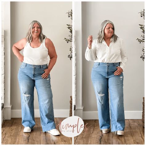 Wide-leg jeans can be flattering for plus-size women and I've found four pairs that are well worth a try-on and I'm sharing three styling tips for how to make them work for curvy figures. Wide Leg Plus Size Jeans, Plus Wide Leg Jeans Outfit, Wide Leg Jeans Curvy Outfit, Best Jeans For Plus Size Women, How To Style Wide Leg Jeans Plus Size, Wide Leg Plus Size Outfit, Plus Size Straight Leg Jeans Outfits, Wide Leg Jeans Curvy, Plus Size Jeans Outfit Casual