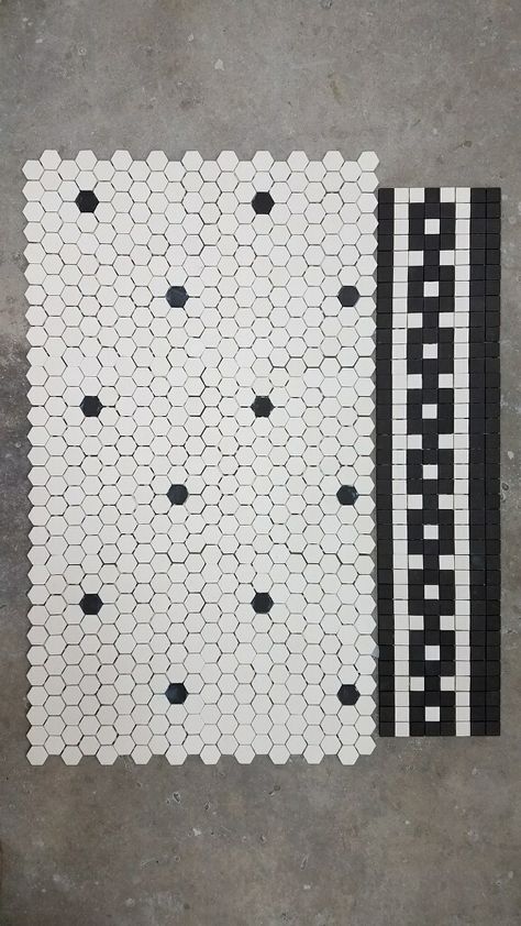 Mosaic Floor Tiles Bathroom, Black And White Penny Tile Kitchen, Penny Tile Foyer, Vintage Tile Floor Bathroom, Vintage Mosaic Tile Bathroom, Penny Tile Border Floor, American Restoration Tile, Penny Tile With Border, Bathroom Tile Floor And Wall