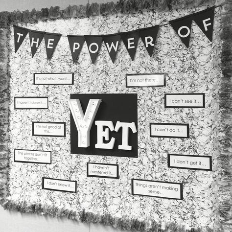 My new Power of Yet bulletin board in my intervention room. Such a great reminder!!! Counseling Bulletin Boards, The Power Of Yet, Library Bulletin Boards, School Displays, Bulletin Board Ideas, Middle School Classroom, Classroom Bulletin Boards, School Bulletin Boards, New Classroom