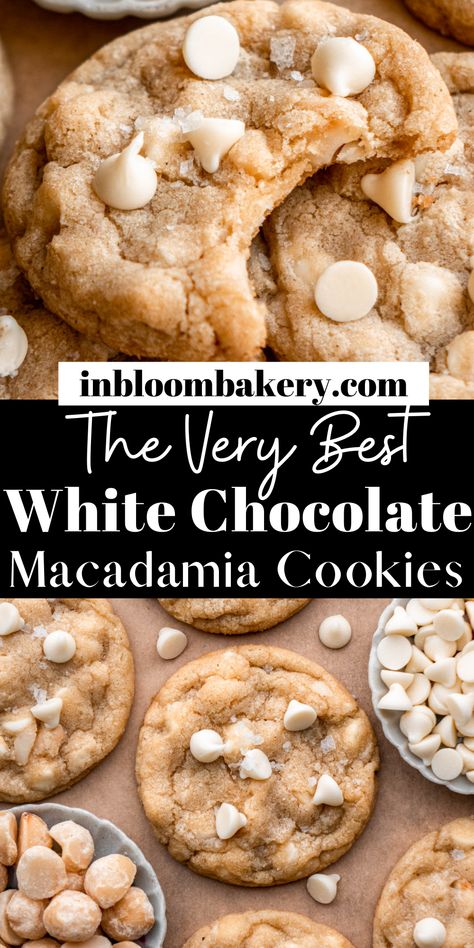 These white chocolate macadamia nut cookies have chewy centers, lots of chopped macadamia nuts and pools of melty white chocolate. White Macadamia Nut Cookies, White Chocolate Chip Macadamia Nut Cookies, Macadamia Nut Cookies Recipe, White Chocolate Macadamia Cookies, In Bloom Bakery, Bloom Bakery, Chocolate Macadamia Nut Cookies, Best White Chocolate, White Chocolate Macadamia Nut Cookies