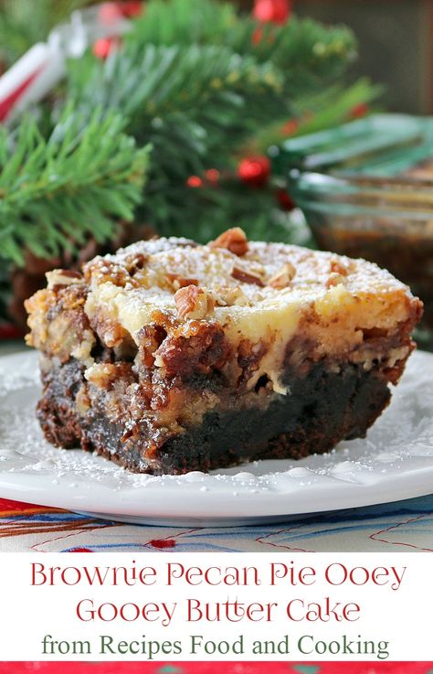 Brownie Pecan Pie Ooey Gooey Butter Cake - Recipes Food and Cooking Brownie Pecan Pie, Ooey Gooey Butter Cake Recipe, Ooey Gooey Cake, Brownies Caramel, Ooey Gooey Butter Cake, Gooey Cake, Cheesecake Layer, Gooey Butter, Pecan Pie Filling