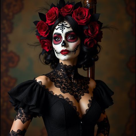 Red And Black Day Of The Dead Makeup, Sugar Scull Costume, Sugar Skull Costume Outfit Diy, Dia Los Muertos Makeup, Katrina Makeup, Catrina Outfit, Sugar Skull Ideas, Sugar Skull Makeup Easy, Catrina Makeup