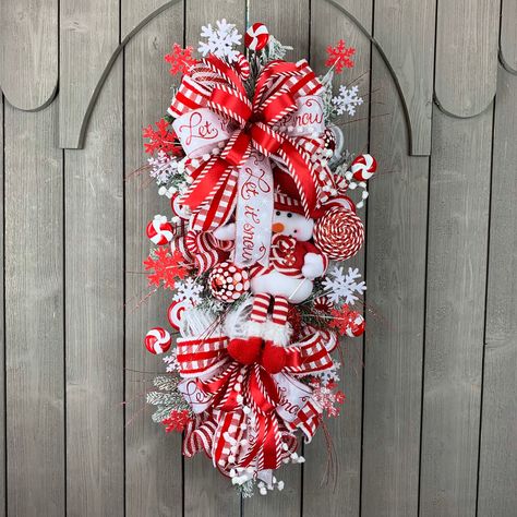 Christmas Swag Snowman Swag Red And White Swag Christmas | Etsy Christmas Door Design, Evergreen Swag, Whimsical Snowman, Swag Christmas, Holiday Swag, Christmas Peppermint, Hanger Crafts, Christmas Swag, Christmas Mesh Wreaths