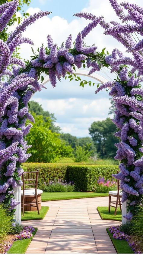 Lavender-covered archway overlooking a scenic garden setting with chairs arranged for an outdoor event. Purple Wedding Cake Ideas, Lavender Wedding Ideas, Lavender Weddings, Lavender Wedding Dress, Lavender Invitation, Lavender Centerpieces, Wedding Music Playlist, Lavender Color Palette, Lavender Bridal Bouquet