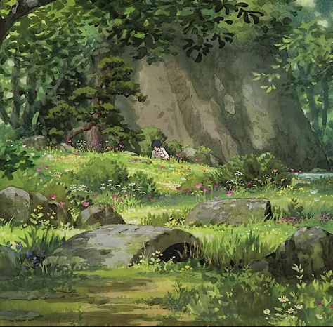 Arriety Ghibli Aesthetic, Green Anime Scenery, Ghilbi Nature, Arriety Ghibli Icon, Green Studio Ghibli Aesthetic, Studio Ghibli Aesthetic Icon, Ghibli Scenery Landscapes, Ghibli Aesthetic Scenery, Landscape Studio Ghibli