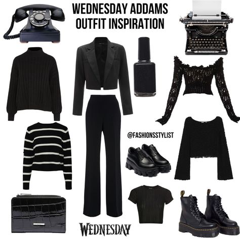 Dressing Like Wednesday Addams, Goth Halloween Outfit Ideas, Wednesday Addams Capsule Wardrobe, Modern Wednesday Addams Outfits, How To Dress Like Wednesday Addams, Wednesday Adams Outfits 2022, Wednesday Addams Accessories, Wednesday Clothes Aesthetic, Wednesday Addams Wardrobe