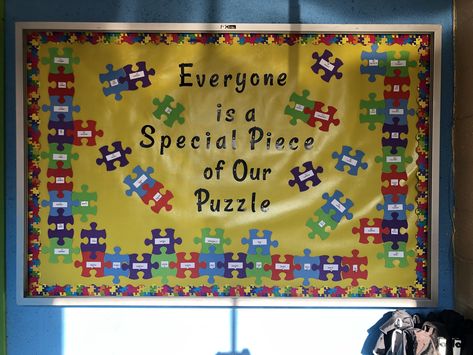 Puzzle quote, puzzle pieces, preschool bulletin boards Class Puzzle Pieces Bulletin Boards, Bulletin Board Puzzle Pieces, Puzzle Piece Classroom Theme, Diversity Bulletin Board Preschool, Puzzle Piece Bulletin Board Ideas, Puzzle Theme Classroom, We All Fit Together Puzzle Template, Diversity Bulletin Board Elementary, Puzzle Bulletin Board Ideas