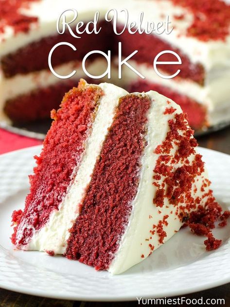 Red Velvet Cake Recipe - Cake served on the plate Big Red Cake, Red Velvet Cake Recipe Easy, Best Red Velvet Cake, Whipped Cream Cheese Frosting, Red Velvet Cake Recipe, Velvet Cake Recipes, Red Cake, Delicious Cream, Strawberry Cakes