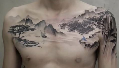 Traditional Chinese Tattoo, Tattoo Font For Men, Landscape Tattoo, Chinese Tattoo, Chest Tattoo Men, Asian Tattoos, Instagram Tattoo, Mountain Tattoo, Japanese Tattoo Art