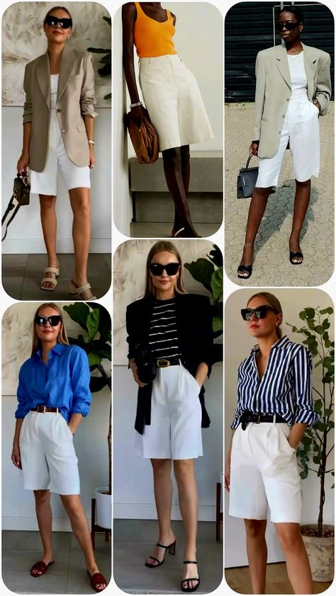 Khaki Bermuda Shorts Outfit Women, Bermuda Shorts Outfit 2023, White Linen Bermuda Shorts Outfit, White Bermuda Shorts Outfit Summer, Lydia Tomlinson Summer, White Shorts Outfit Summer Classy, Bermuda Pants Outfits, Dressy Shorts Outfits Women, White Bermuda Shorts Outfit