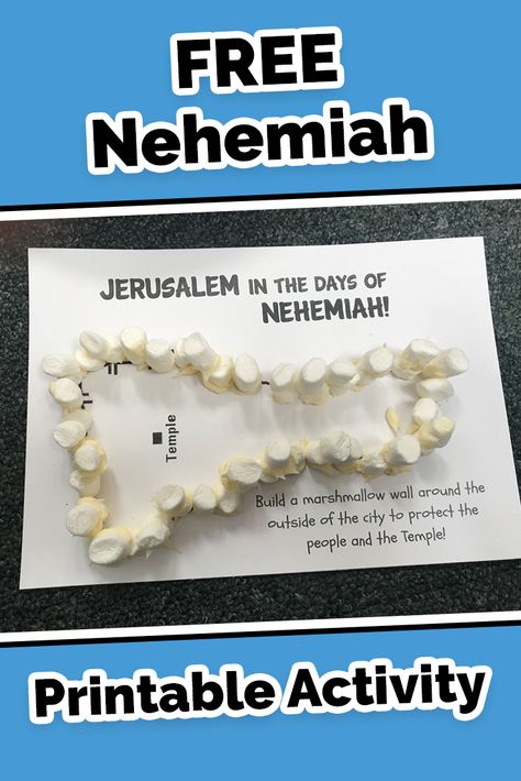 Nehemiah Bible Printable activity sheet and craft idea for children. Using marshmallows and icing to make a yummy mess and a picture of the walls of Jerusalem! Nehemiah Building The Wall Craft, Nehemiah Bible Craft, Nehemiah Crafts For Kids, Nehemiah Craft, Nehemiah Rebuilds The Wall Craft, Nehemiah Rebuilds The Wall, Bible Basket, Bible Study Activities, Kids Church Activities