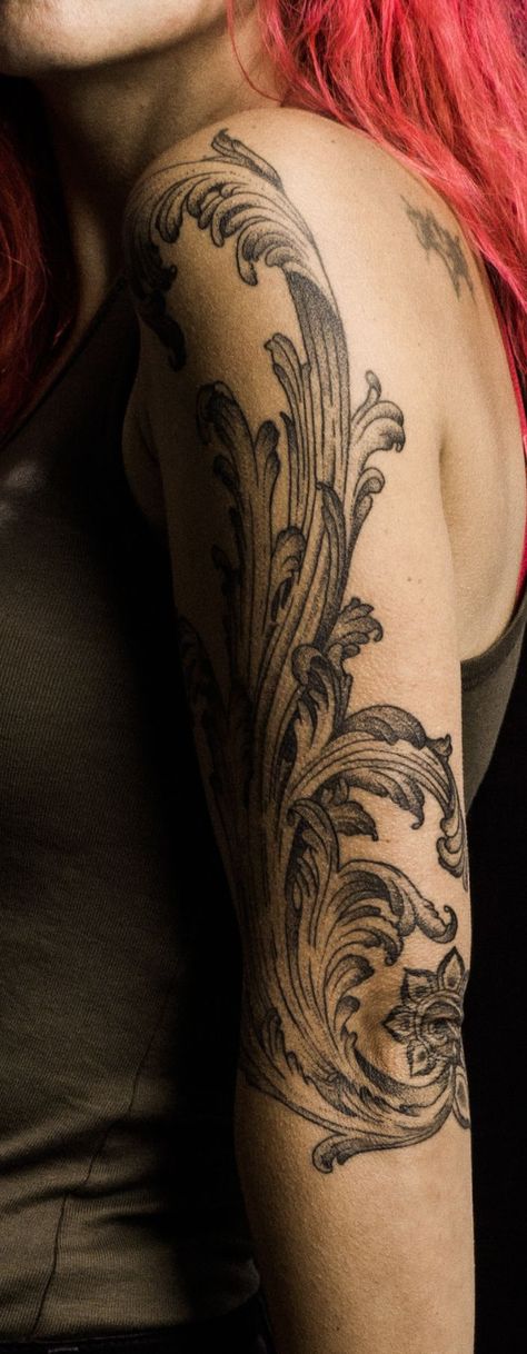 Acanthus Leaf Tattoo, Baroque Tattoos, Tattoo Leaf, Baroque Tattoo, Filigree Tattoo, Tattoos To Cover Scars, Leaf Tattoo, Gothic Tattoo, Tattoo Arm