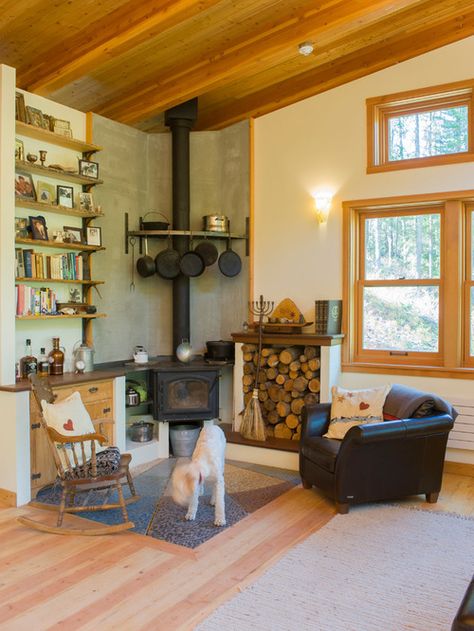 Corner Wood Stove, Corner Stove, Fall Goals, Woods Cabin, House In The Mountains, Fire Stove, Grid Ideas, Natural Interiors, Wood Stove Fireplace