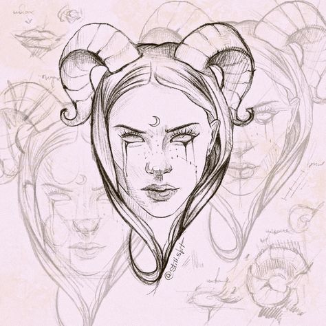 Aries Female Tattoo, Aries Women Tattoo, Aries Drawing Sketches, Aries Art Goddesses, Aries Woman Tattoo, Aries Painting Ideas, Aries Sketch, Aries Goddess Tattoo, Aries Drawing