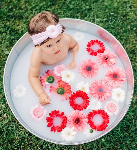 Spring Baby Picture Ideas, Baby Summer Pictures, 7month Photoshoot Ideas, Watermelon Milk Bath Photoshoot, Watermelon Bath Photoshoot, 6 Month Milk Bath, How To Do A Milk Bath Photoshoot, Baby Bath Photoshoot, Baby Milk Bath Pictures