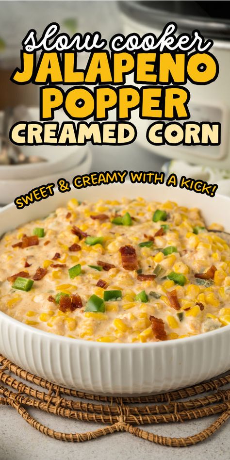 Jalapeno popper style creamed corn recipe Corn Side Dish Recipes, Cream Corn Crockpot, Side Dishes For Ribs, Corn Cream, Crockpot Side Dishes, Fried Meat, Cream Cheese Corn, Corn Side Dish, Creamed Corn Recipes