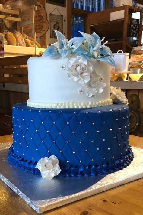 Royal Blue And Silver Wedding Cake, Blue Engagement Party, Royal Blue Wedding Cakes, Engagement Party Cake, Elegant Wedding Ideas, Silver Wedding Cake, Local Bakery, Silver Cake, Floral Wedding Cakes