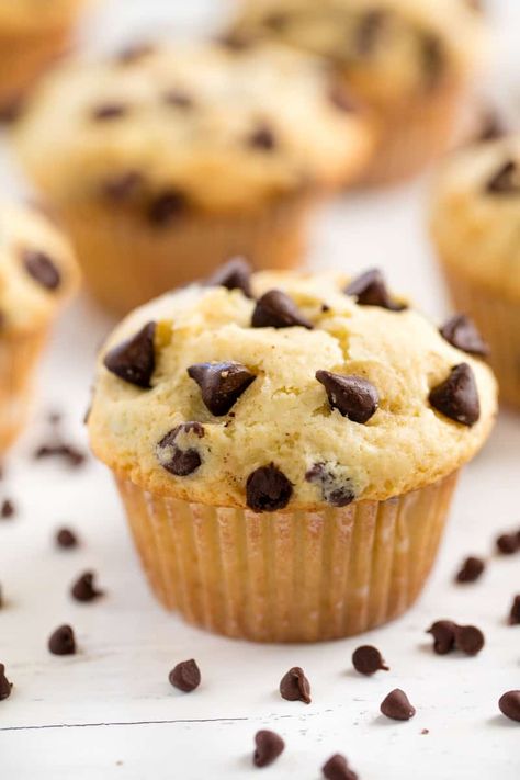 These Easy Chocolate Chip Muffins are just like mom used to make! The batter comes together in just minutes for an easy muffin that's perfect for breakfast or brunch. #thestayathomechef #chocolatechipmuffins #muffinrecipe #chocolatechip #breakfast #easybreakfast #brunch Easy Chocolate Chip Muffins, Chocolate Chip Muffins Easy, Muffins Chocolate, Chocolate Chip Muffin Recipe, Chocolate Chip Muffins, Chocolate Muffins, Easy Chocolate, Homemade Chocolate, Vegetarian Chocolate