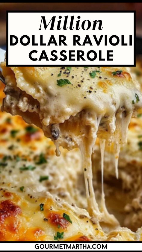 This Million Dollar Ravioli Casserole is the ultimate comfort food, loaded with creamy layers of cheese, savory marinara, and delicious stuffed ravioli baked to perfection. Ideal for busy weeknights or a cozy family dinner, this dish brings restaurant-quality flavor straight to your kitchen. Save this recipe for an easy dinner #MillionDollarRavioli #RavioliCasserole #EasyDinnerRecipe #ComfortFood #CheesyCasserole #FamilyDinner #WeeknightMeals #BakedRavioli #ItalianCasserole #PastaBake Italian Dish For Potluck, Million Dollar Ravioli Casserole, Italian Potluck Ideas, Frozen Ravioli Bake, Pasta For A Crowd, Million Dollar Casserole, Frozen Ravioli Recipes, Ravioli Dinner Ideas, Million Dollar Ravioli