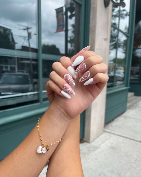 Milky White Nails With Butterflies, Butterfly Nails White, Milky White Butterfly Nails, White Nails W Butterflies, White Butterfly Nails Almond, White Nails Butterfly, White Butterfly Nails, Nails September, Butterfly Nails