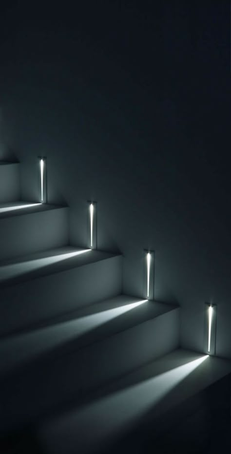 Light beams mark the way on a staircase Light Stairs, Staircase Lighting Ideas, Stairs Lighting, درج السلم, Blitz Design, Stairway Lighting, Stairs Ideas, Stair Lights, Interior Design Per La Casa