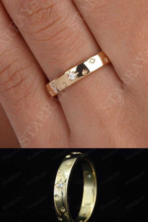 Diamond Starburst Wedding Band Ring, 14k Gold Moissanite band Dainty Star Setting Anniversary Band, Pave Celestial Ring Women, Gift for Her Celestial Wedding Band, 2024 Era, Star Setting, Stacked Wedding Bands, Engraved Wedding Rings, Celestial Ring, Moissanite Band, Celestial Wedding, Wedding Ring For Her