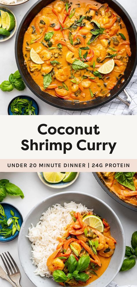 This quick and easy coconut shrimp curry comes together in less than 20 minutes making it the perfect dinner recipe for busy weeknights. Serve it over rice or quinoa for a flavorful and filling dinner. Shrimp Curry Recipes, Easy Coconut Shrimp, Coconut Shrimp Curry, Coconut Curry Shrimp, Shrimp Curry, Coconut Shrimp Recipes, Curry Recipes Easy, Easy Curry, Shrimp And Rice