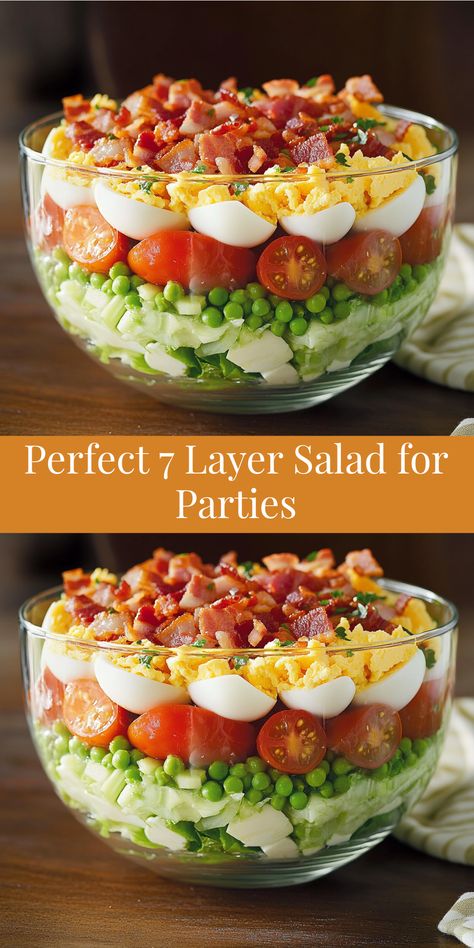 This perfect 7 Layer Salad is great for parties! Packed with fresh veggies, bacon, and a tasty mayo dressing—your guests will love it. 6 Layer Salad, Food For A Memorial Service, 7 Layered Salad Recipe, Luncheon Salads, 7 Layer Salad Recipe, Salad For Parties, Wedge Salad Recipes, 7 Layer Salad, Layer Salad