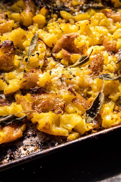 Crispy Brown Butter Sage Smashed Potatoes | halfbakedharvest.com Half Baked Harvest Crispy Brown Butter Sage Smashed Potatoes, Sweet Potato Stacks Half Baked Harvest, Crispy Brown Butter Sage Mashed Potatoes, Brown Butter Potatoes, Half Baked Harvest Potatoes, Half Baked Harvest Thanksgiving, Bourbon Sweet Potatoes, Brown Butter Sage, Paprika Recipes